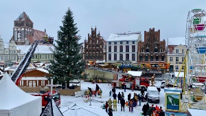 Weihnachtsbaum schmücken 2025, Foto Pressestelle (1) © Pressestelle Blick aus dem Rathaus auf dem Marktplatz, auf dem zwei Feuerwehrfahrzeuge mit Drehleitern um den Baum stehen