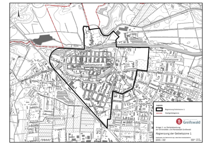 Übersichtsplan Stellplatz- und Fahrradabstellplatzsatzung UHGW Rechtskraft 19.03.2019 © Stadtbauamt der Universitäts- und Hansestadt Greifswald Bild