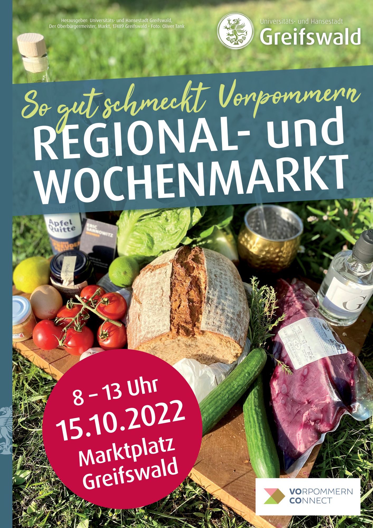 Plakat zum Wochen- und Regionalmarkt am 15. Oktober 2022 auf dem historischen Marktplatz in Greifswald