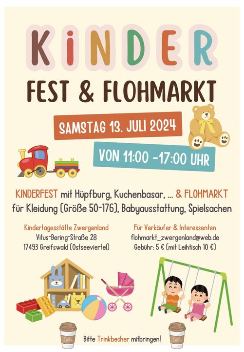Kinderfest und Flohmarkt an der Kita Zwergenland am Sa., 13.07. von 11:00 bis 17:00 Uhr in der Vitus-Bering-Straße 28