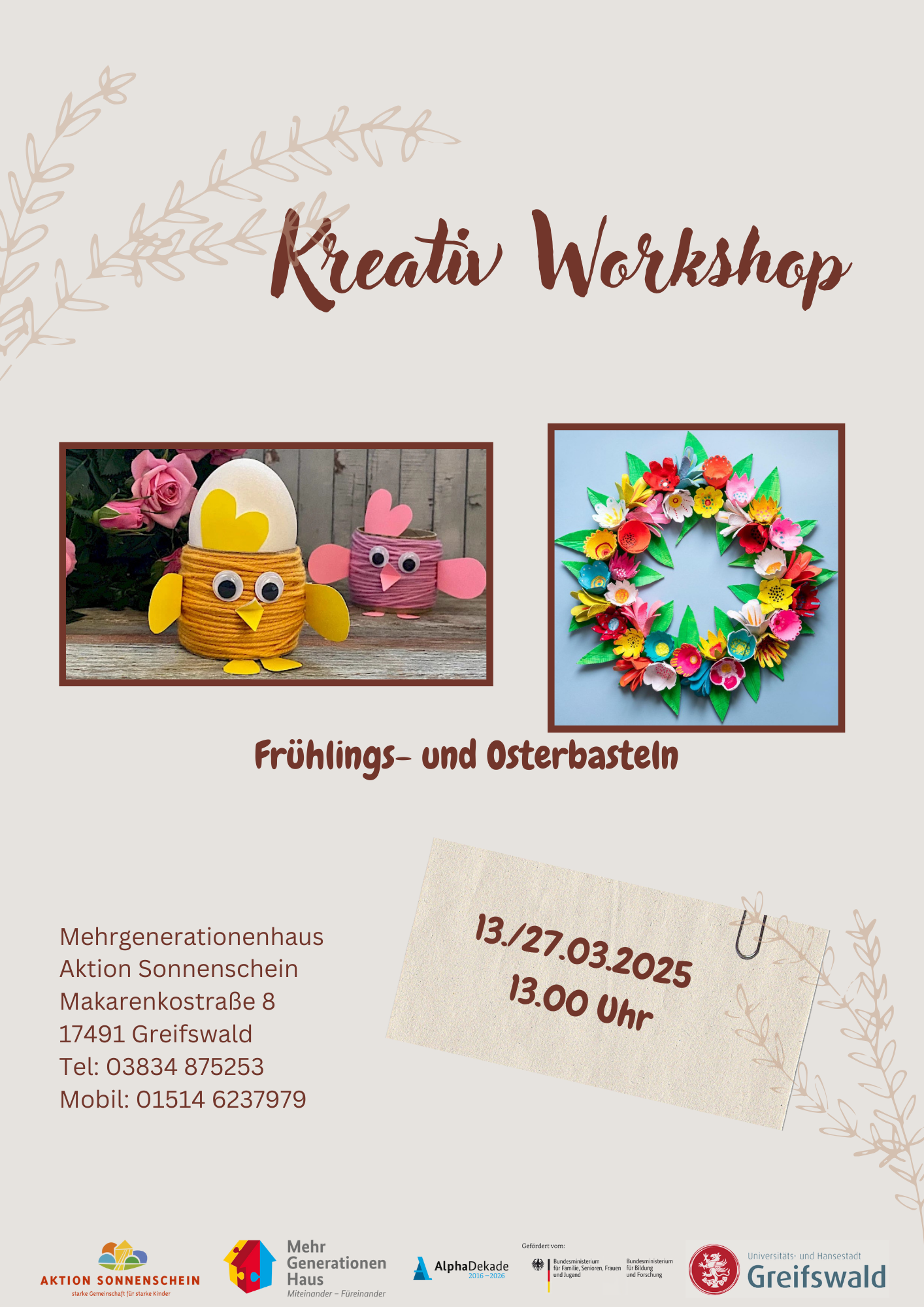 Kreativ-Workshop "Frühlings- und Osterbasteln" am Do., 13.03. und Do., 27.03. um 13:00 Uhr im Mehrgenerationenhaus Aktion Sonnenschein in der Makarenkostraße 8