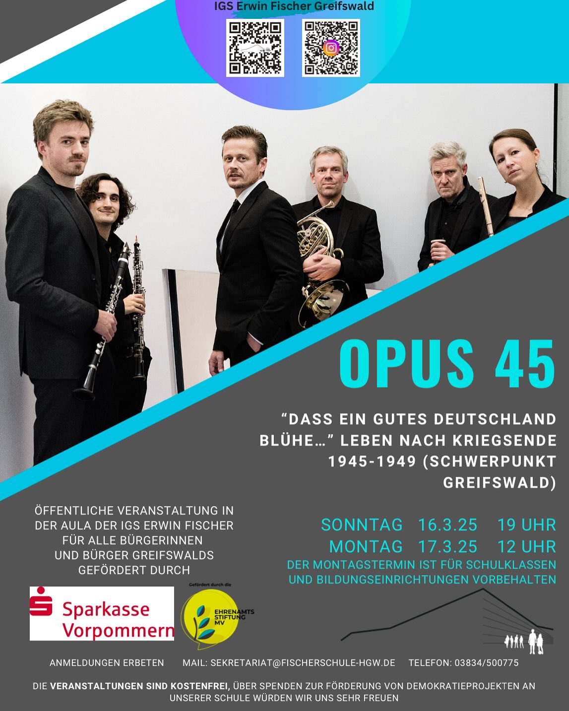 Opus 45 - Musikalische Lesung "Dass ein gutes Deutschland blühe..." am So., 16.03. um 19:00 Uhr in der IGS "Erwin Fischer" in der Einsteinstraße 6