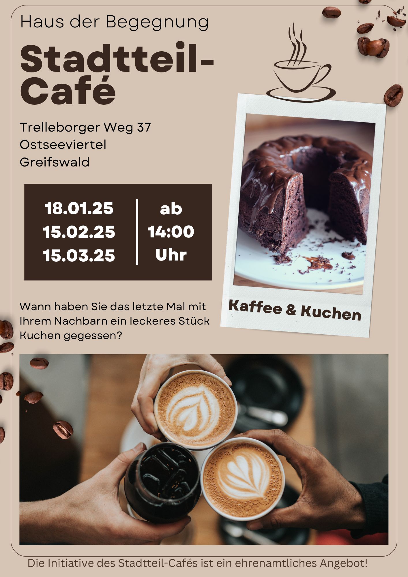 Stadtteil-Café Ostseeviertel am Sa., 18.01., 15.02. und 15.03. von 14:00 bis 17:00 Uhr im Haus der Begegnung im Trelleborger Weg 37