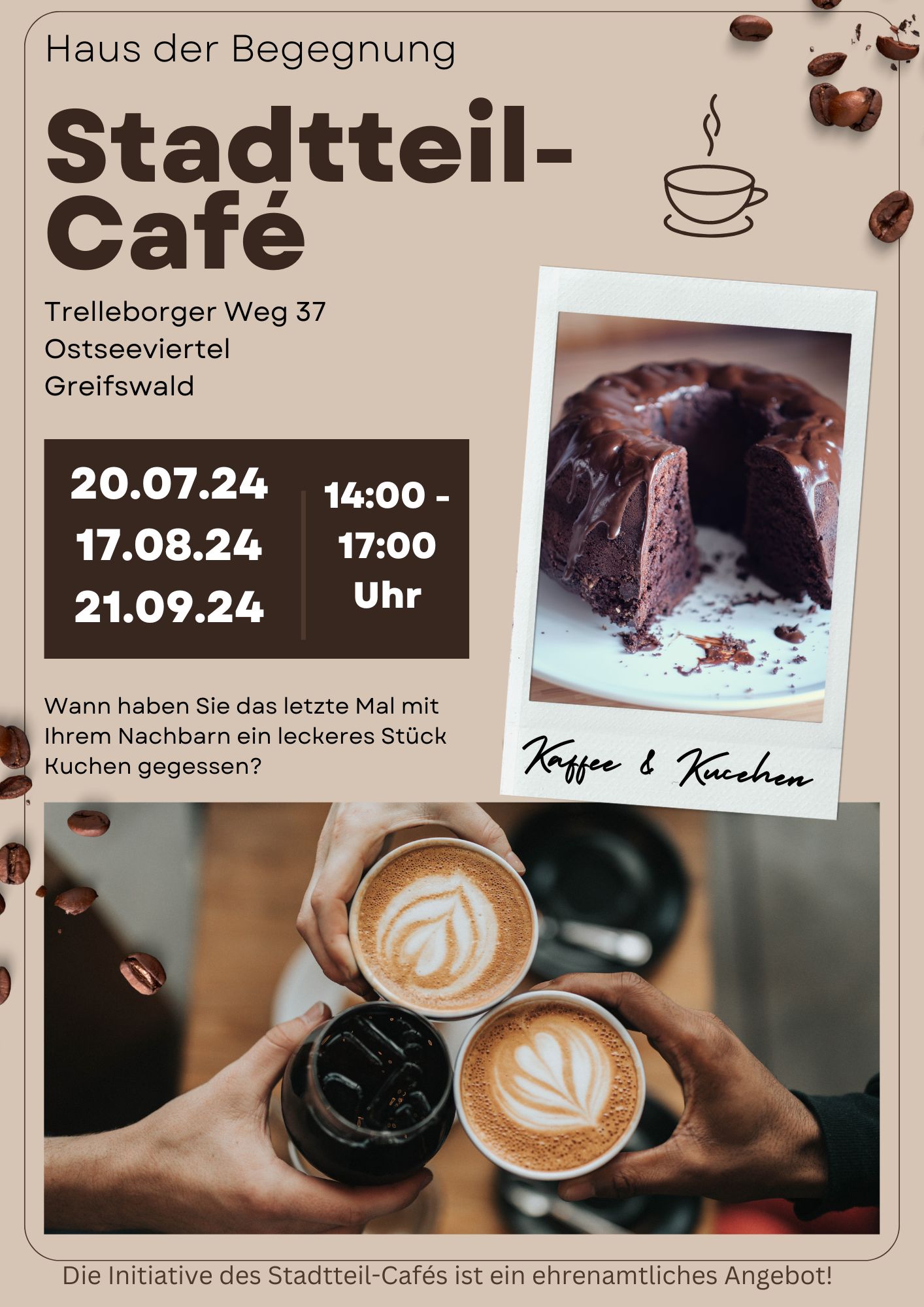 Stadtteil-Café Ostseeviertel an den Samstagen, 20.07., 17.08. und 21.09. jeweils von 14:00 Uhr bis 17:00 Uhr im Haus der Begegnung im Trelleborger Weg 37