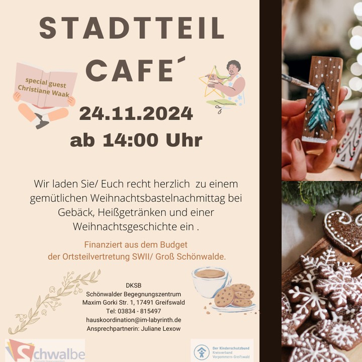 Stadtteilcafé Schönwalde 2 mit Weihnachtsbasteln am So., 24.11. ab 14:00 Uhr im Stadtteiltreff in der Schwalbe in der Maxim-Gorki-Straße 1