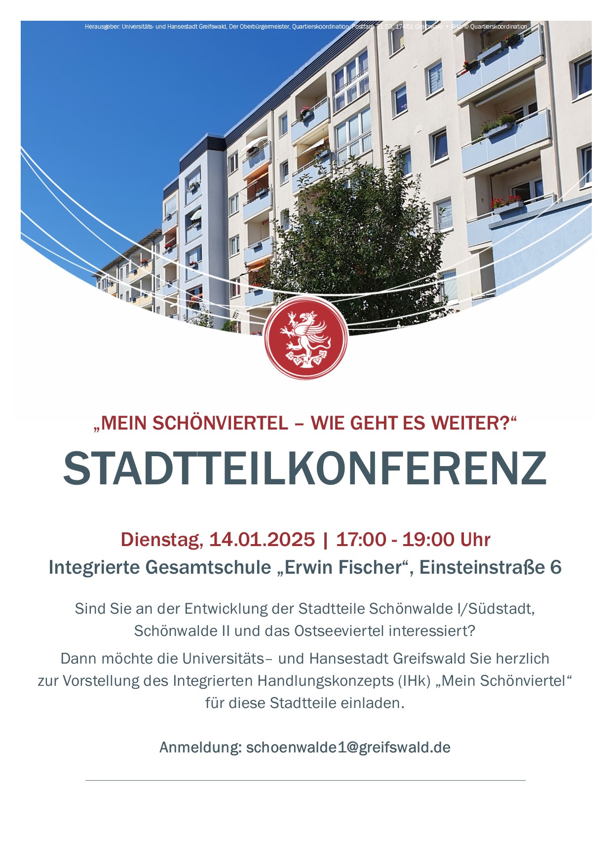 Stadtteilkonferenz "Mein Schönviertel - Wie geht es weiter?" am Di., 14.01. von 17:00 bis 19:00 Uhr in der Integrierten Gesamtschule "Erwin Fischer" in der Einsteinstraße 6