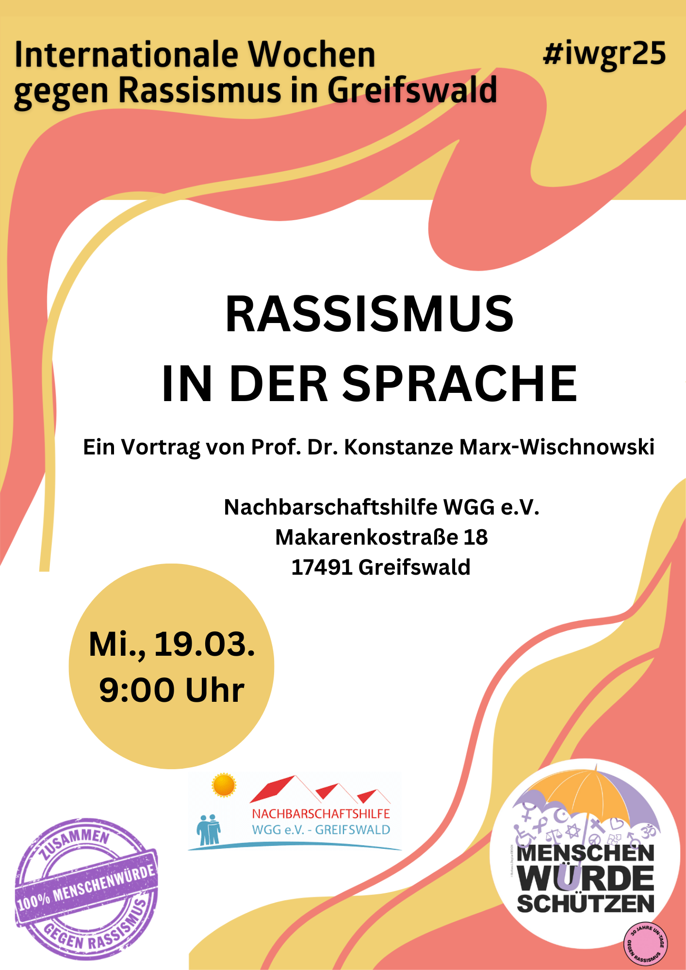 Vortrag zu Rassismus in der Sprache mit Frau Prof. Dr. Konstanze Marx-Wischnowski am Mi., 19.03. um 9:00 Uhr in der Nachbarschaftshilfe der WGG in der Makarenkostraße 18