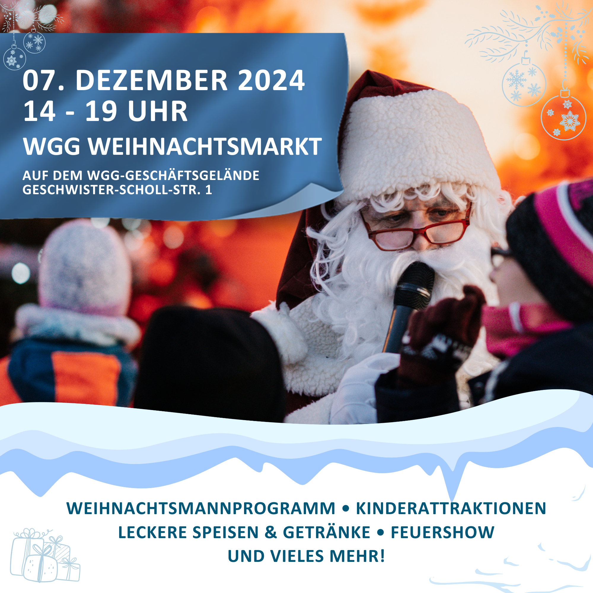 WGG-Weihnachtsmarkt 2024 am Sa., 07.12. von 14:00 bis 19:00 Uhr auf dem WGG-Geschäftsgelände in der Geschwister-Scholl-Straße 1