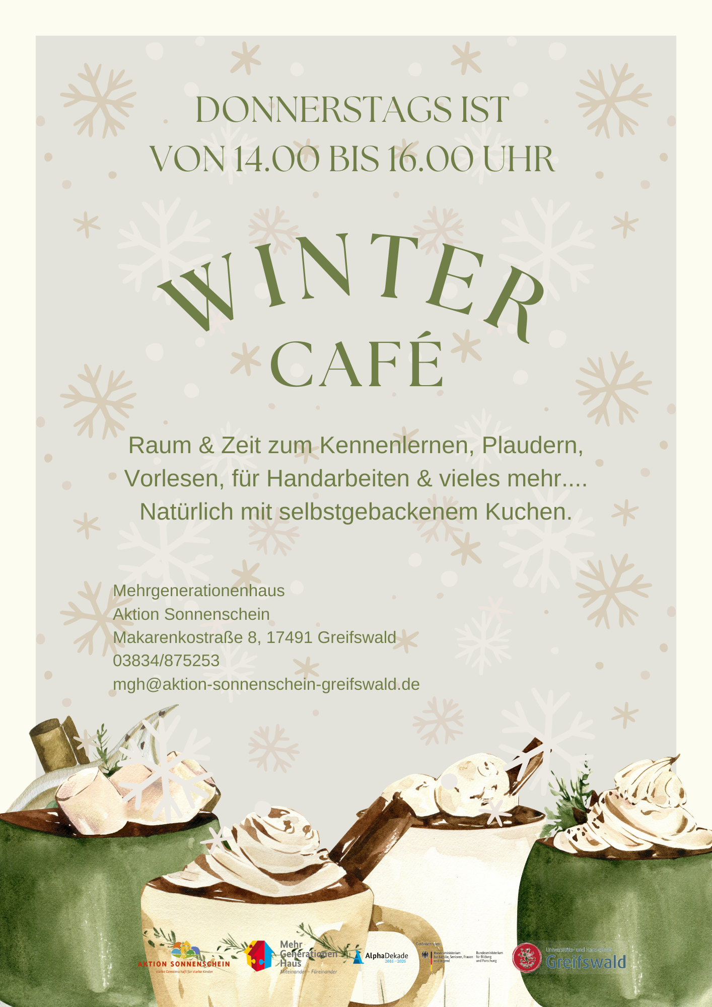 Winter-Café im Mehrgenerationenhaus Aktion Sonnenschein immer donnerstags von 14:00 bis 16:00 Uhr in der Makarenkostraße 8