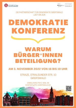 Plakat für die Demokratiekonferenz von der Partnerschaft für Demokratie Greifswald am 3. November 2022