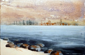 Aquarellbild Greifswald von Friedrich Wagner © Friedrich Wagner Ein Aquarellbild von Friedrich Wagner, das die Silhouette von Greifswald zeigt