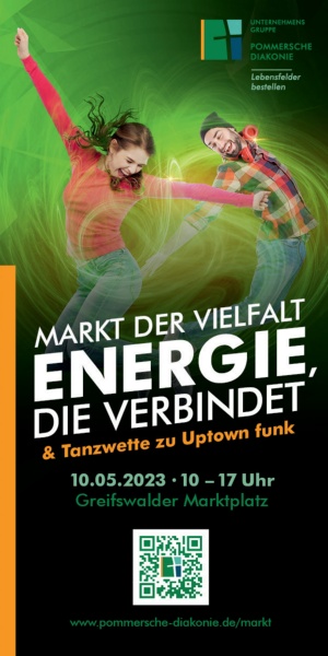 Flyer zum Markt der Vielfalt am 10. Mai 2023 von 10 bis 17 Uhr auf dem Greifswalder Marktplatz