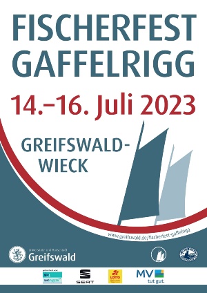 Plakat zum Fischerfest gaffelrigg vom 14. bis 16. Juli 2023 in Greifswald-Wieck mit den Sponsorenlogos