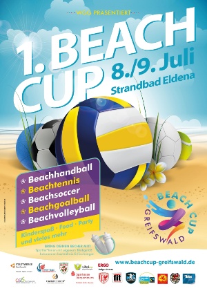 Plakat zum 1. Greifswalder Beachcup am 8. und 9. Juli mit verschiedenen Sportarten