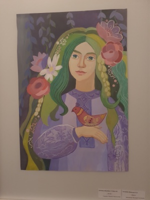 gemaltes Bild von einem Mädchen mit Vogel auf dem Arm - es gehört zu einer Ausstellung von Kinderbildern aus Drohobytsch, die in der STRAZE gezeigt werden