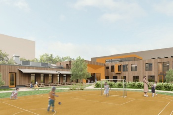 matrix architektur Visualisierung der Ansicht des Hofs zum Neubau der Kita Regenbogen